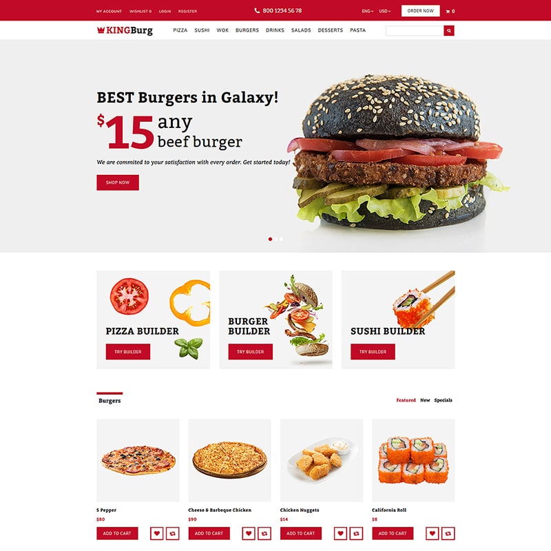 KingBurg - OpenCart шаблон сайта бургерной