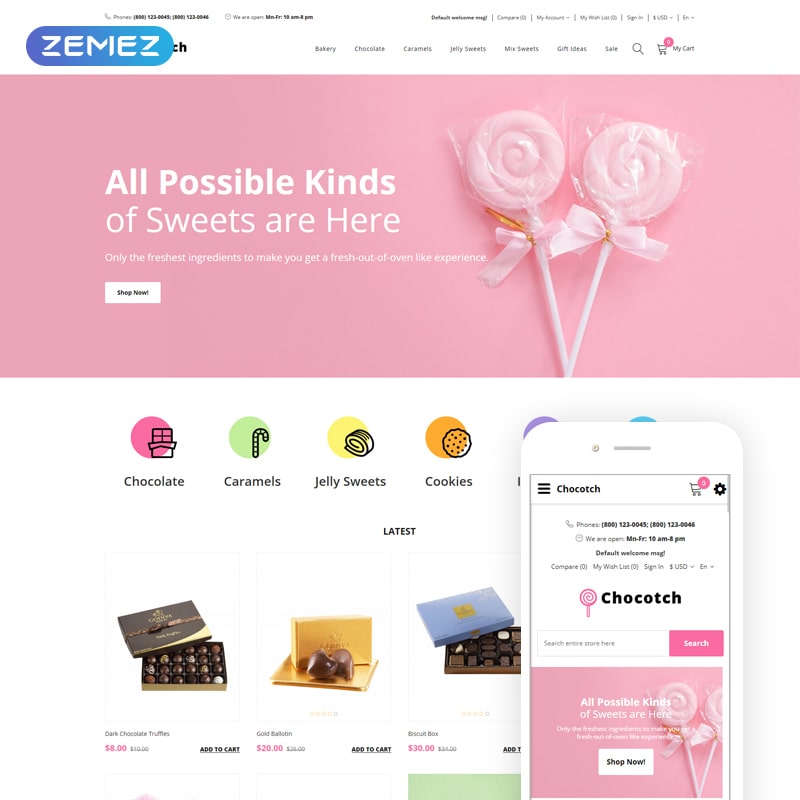 OpenCart шаблон Chocotch - Sweet Shop E-commerce Creative