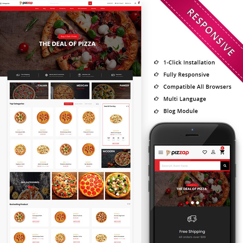 OpenCart шаблон Pizzap - The Pizza Store