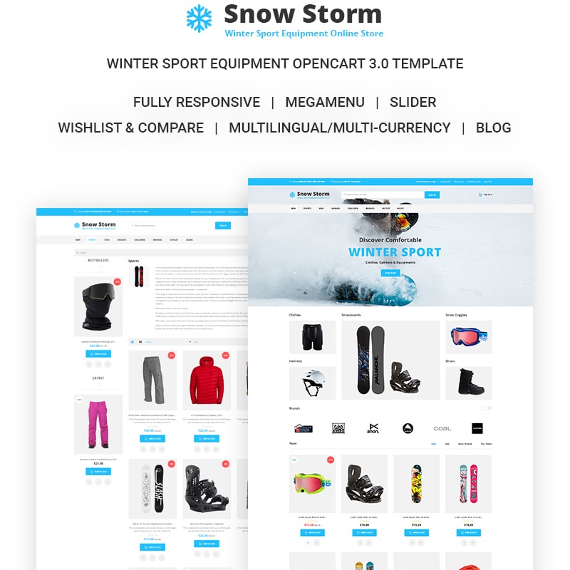 OpenCart шаблон Snow Storm - Winter Sports Equipment Store