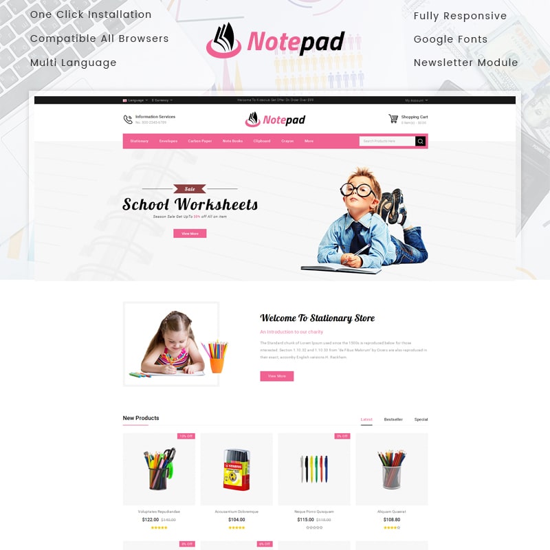 OpenCart шаблон NotePad - Stationary Store