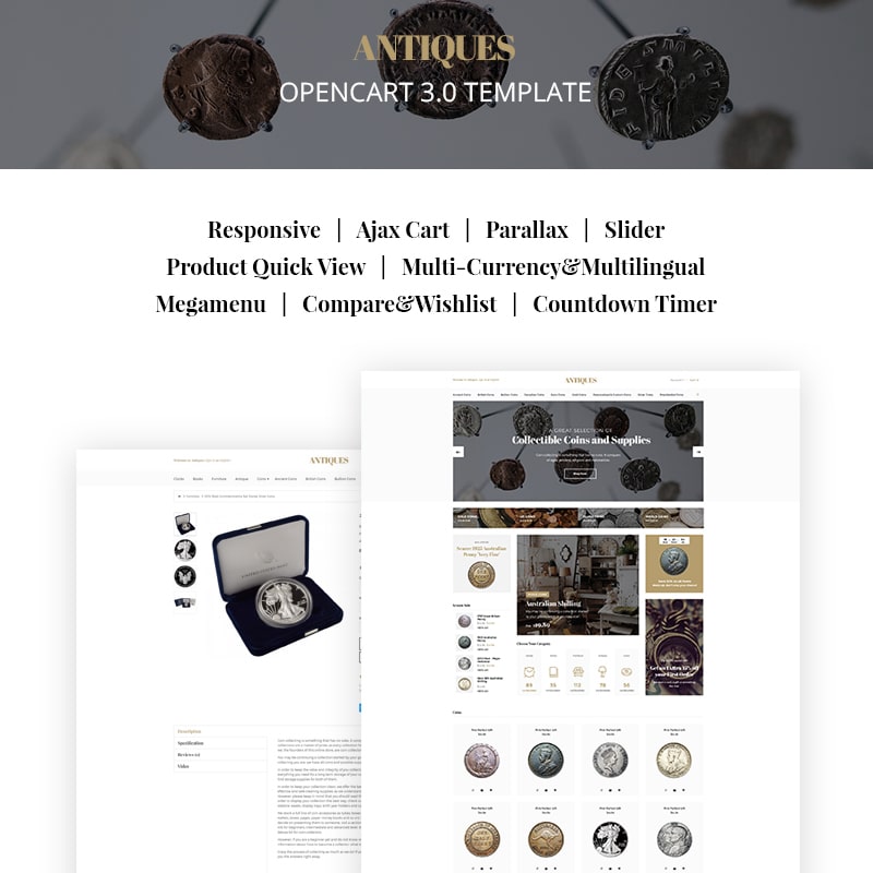 OpenCart шаблон Antiques - Collectible Coins & Supplies