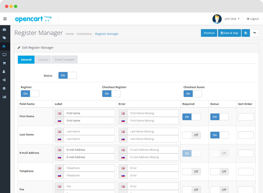 Менеджер регистрационной формы OpenCart